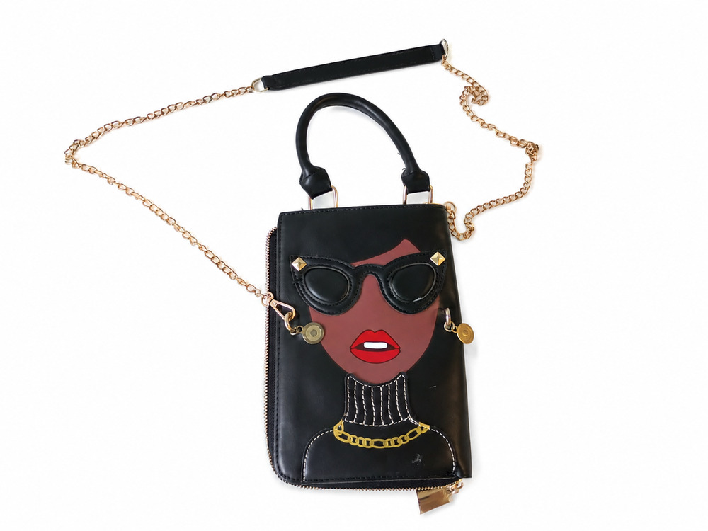 Women’s Novelty Face Crossbody Phone Bag Wallet Gold Chain Black Faux Leather